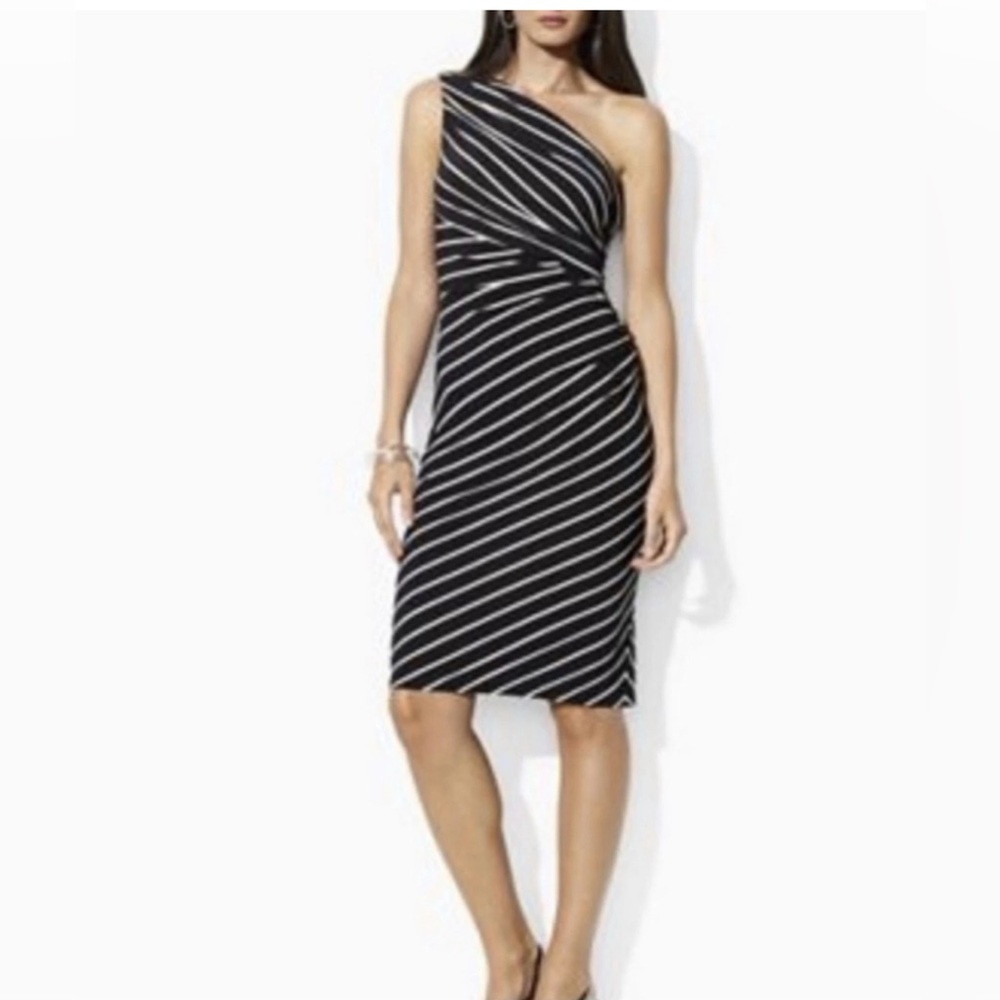 Ralph Lauren One Shoulder Cream Black Striped Ruched Stretch Dress Cocktail Sz 6